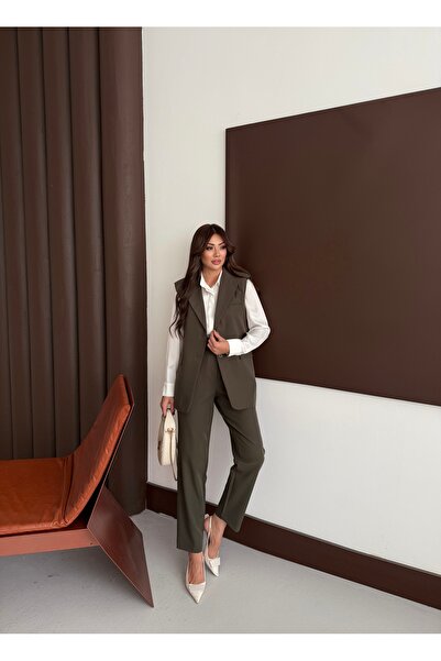 MADAME MELEK Zr Model Brand Padded Vest Pants Suit - Carrot Pants Long Vest Solid Color Suit