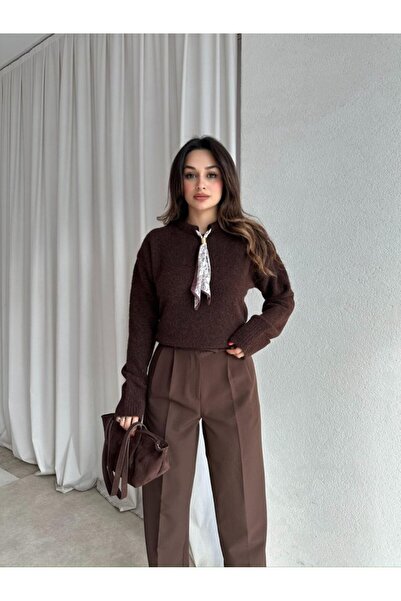 HARMONY GLOBAL Pulover din tricot cu textura moale, cu guler maro și eșarfă – Pulover elegant pentru femei cu mâneci lungi 2535