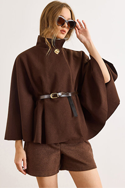 Olalook Women's Bitter Brown Single Button Belted Cashmere Cape Poncho Pnç-00000001