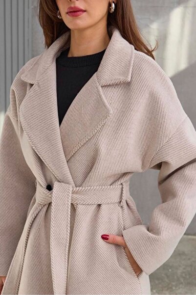 manana fashion Palton lung cu curea din piatră Fishbone