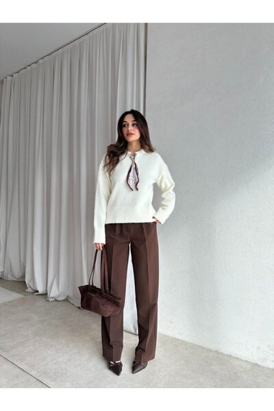 HARMONY GLOBAL Pulover din tricot cu textura moale, cu guler ecru, cu eșarfă – Pulover elegant pentru femei cu mâneci lungi 2535