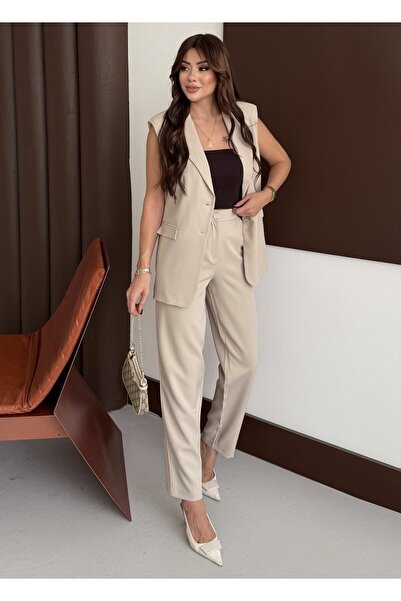 MADAME MELEK Zr Model Brand Padded Vest Pants Suit - Carrot Pants Long Vest Solid Color Suit