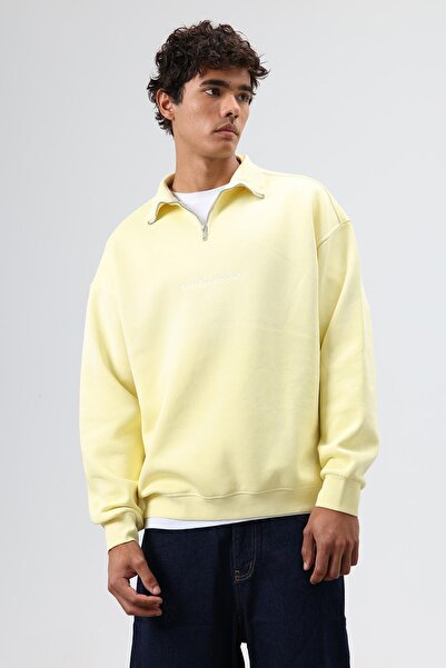 VAMOSCLO Collar Zippered Oversized Sweatshirt Yellow
