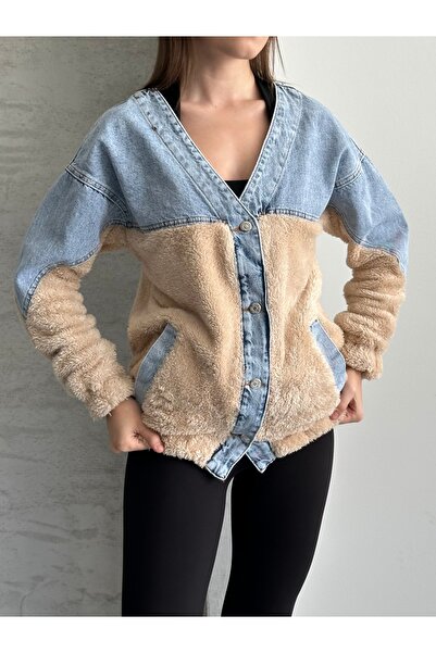 SOLİS MODA Plush Women's Jacket with Denim Details