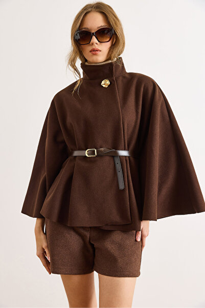 Olalook Kadın Acı Kahve Tek Düğme Kemerli Kaşe Pelerin Panço PNÇ-00000001