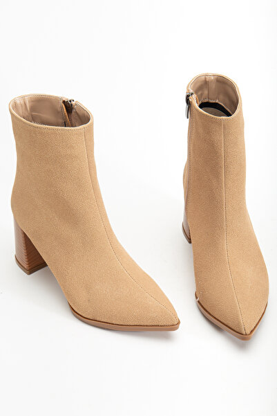 LEMUES SHOES Kadın Kısa Yandan Fermuarlı Topuklu Bej Ayakkabı