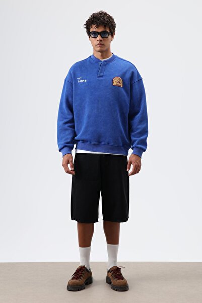 VAMOSCLO oversized Φούτερ με λαιμόκοψη με τύπωμα μπλε κοβαλτίου