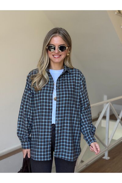 2she قميص خشباء منقوش - تركواز/بني