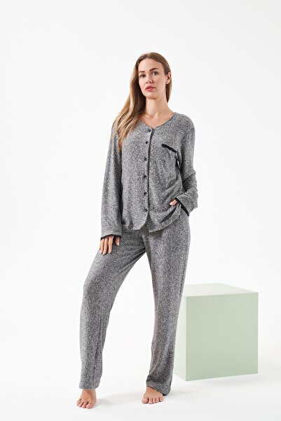 Relax Mode Kadın Antrasit Düğmeli Pijama Takım - 28092R