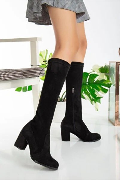 Generic Brand Black Heeled Stretch Sock Boots Below Knee Women