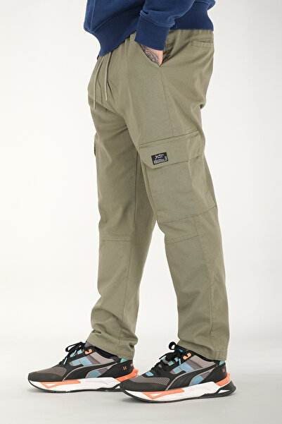 Souris Men's Light Khaki Cargo Pants Relaxed Fit Cotton Elastic Waist
