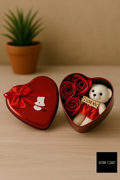 STAR CAST Romantik Metal Kalp Kutu – Ayıcık ve Güllerle Dolu Sevgiliye Hediye...