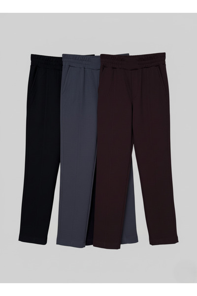 ZUZUQO 3-Piece Modal Fabric Ribbed Detailed Premium Pants with Elastic Waist