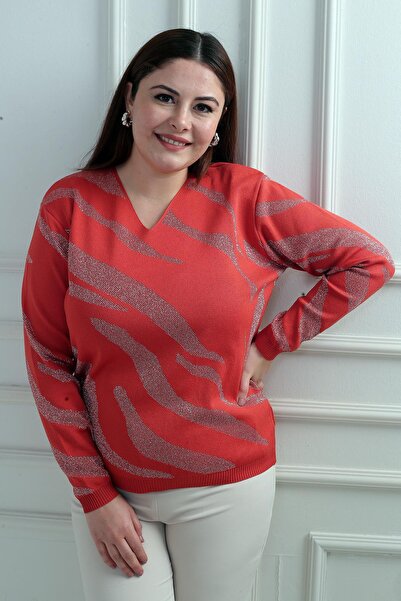 By Saygı V-Neck Silvery Zebra Pattern Plus Size Blouse