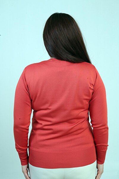 By Saygı Women's V-Neck Cold Yarn Large Size Knitwear Blouse with Stones on the Front