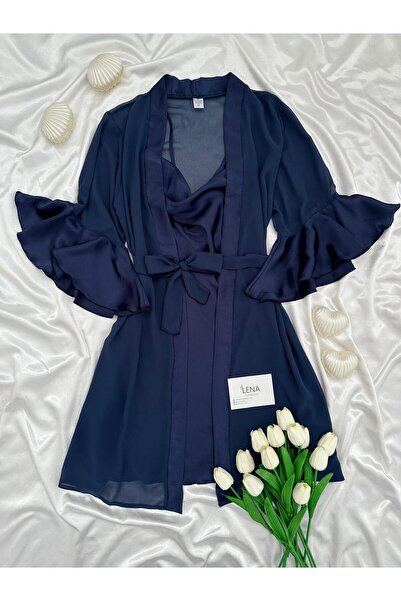 Lena Homewears طقم فاخر من قميص النوم الساتان المزدوج وروب الشيفون للعروس (مع علبة)