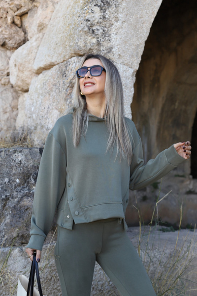 bytugcekaya Khaki snap detail Hooded modal tracksuit set