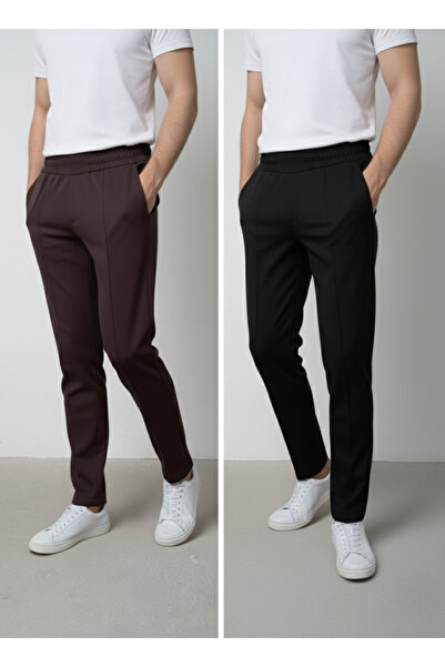 ZUZUQO 2-Piece Modal Fabric Ribbed Detailed Premium Pants with Elastic Waist
