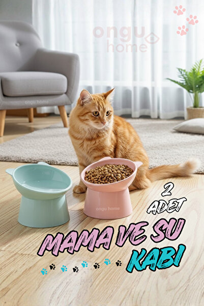 ongu home 2'li Eğimli Mama Ve Su Kabı Boyun Koruyucu Kedi Mama Kabı Eğimli Ma...