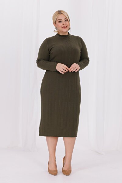 Madwilo Women's Khaki Green Turtleneck Stretchy Twist Knitwear Plus Size Dress