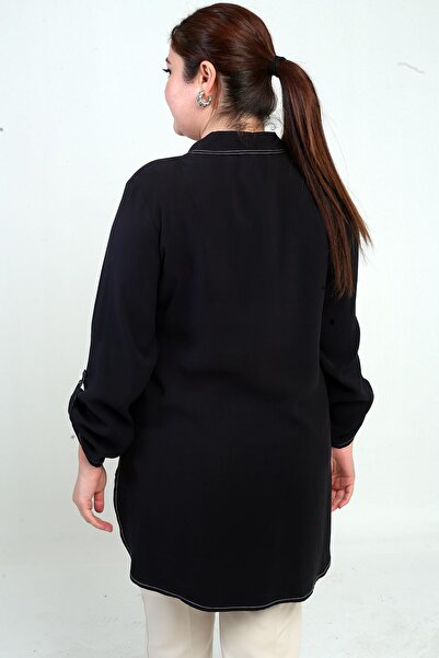 By Saygı Γυναικείο μακρύ πουκάμισο με διχτυωτό μανίκι με διπλωμένο μανίκι μεγάλου μεγέθους