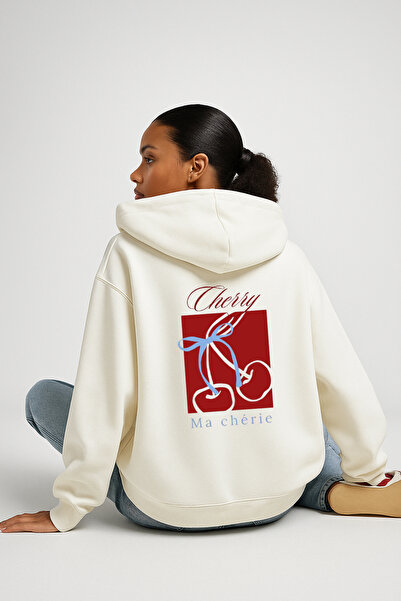 LORVEX سترة بطبعة خلفية من Blue Ribbon Cherry قصة فضفاضة بغطاء رأس