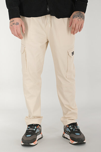 Souris Men's Beige Cargo Pants Relaxed Fit Cotton Elastic Waist