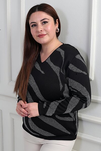 By Saygı V-Neck Silvery Zebra Pattern Plus Size Blouse