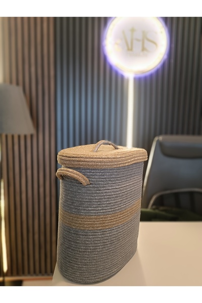 Ahs Tasarım Coș oval cu capac din răchită – gri și bej