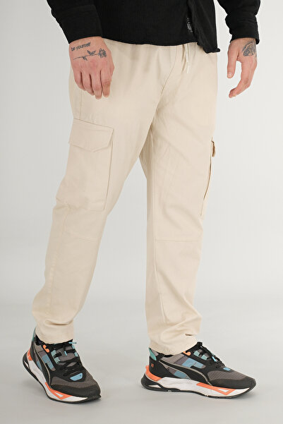 Souris Men's Beige Cargo Pants Relaxed Fit Cotton Elastic Waist