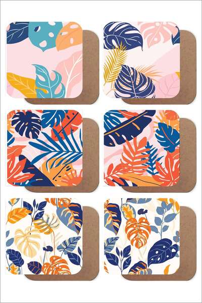 UNT مجموعة من 6 قواعد أكواب مطبوعة بالأشعة فوق البنفسجية من MDF بنمط أوراق اس...