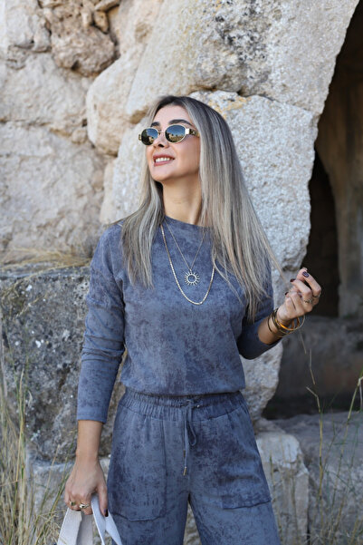 bytugcekaya Gri Eskitme Detay Bluz Pantolon Takım