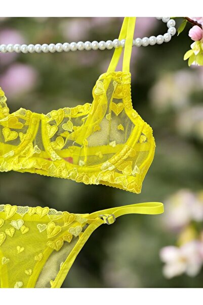 BUELLNA Sarı Kalpli Romantik Dantel Lingerie Takımı – Sütyen ve Külot Takımı