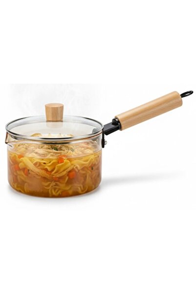 Aurov Borosilicate Glass Pot, 1.8L, Heat Resistant, Gas, Wooden Lid/Handle, Cooking/Serving, Transparent