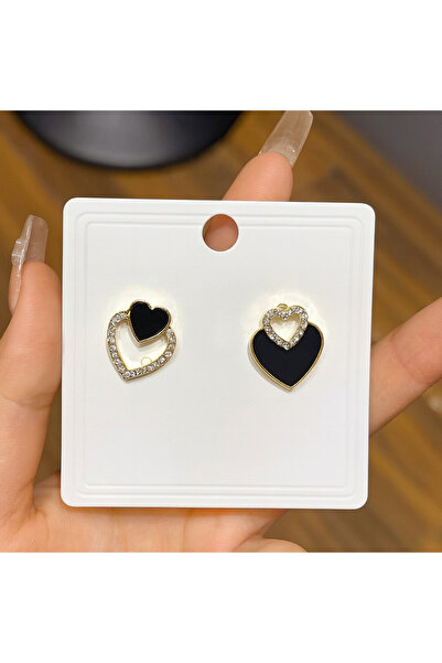 monalisatoka Kadın Gold Siyah Mineli Asimetrik Kristal Taşlı Küpe