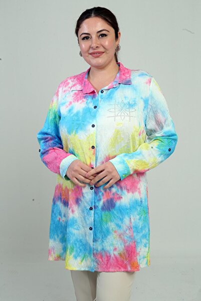By Saygı Women's Sleeve Fold Embroidered Plus Size Tie-Dye Long Shirt