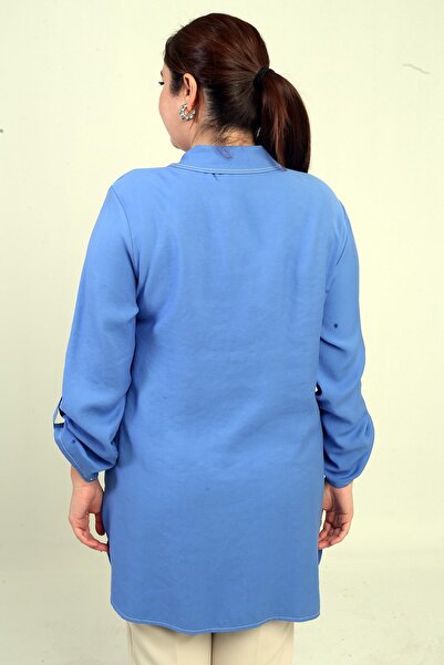 By Saygı Γυναικείο μακρύ πουκάμισο με διχτυωτό μανίκι με διπλωμένο μανίκι μεγάλου μεγέθους