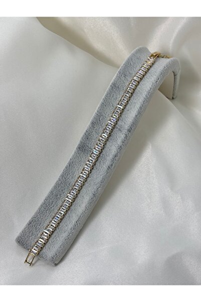 Uzak Işıklar Steel Bracelet with Clip, Thick Row of Zircon Stones, Gold