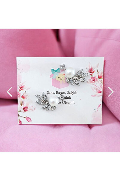 İnci Yaprak tasarım zirkon taşlı incili antialerjik çelik küpe