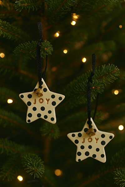 arredamento Set of 2 Ceramic Star Christmas Tree Ornaments with Black Polka Dots, Joy Written, Tiny Bells & Ribbons