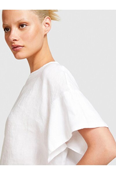 Sisley 100% Linen Relaxed Fit Boat Neck Blouse Women's White Blouse - 324P5Bmllq06R