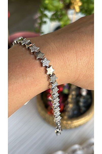 shesra Zirkon Taşlı Yıldız Şekil Gümüş Renk Kaplama Çelik Bileklik