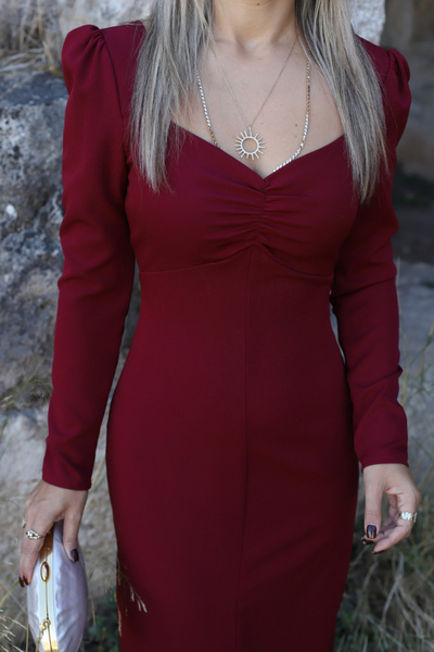 bytugcekaya Bordo Kalp Yaka Uzun Kollu Elbise