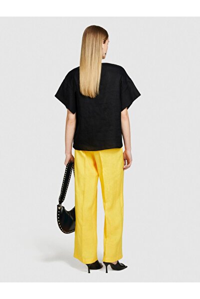 Sisley 100% Linen Relaxed Fit Boat Neck Blouse Women's Black Blouse - 324P5Bmllq06R