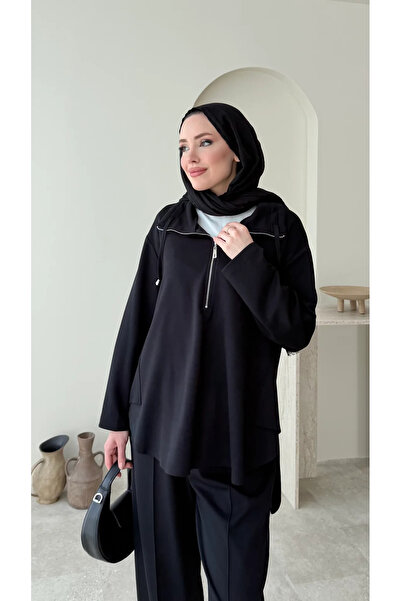 RFK Butik Women's Zipper Detailed Oy.Sho Fabric Double Suit - Black