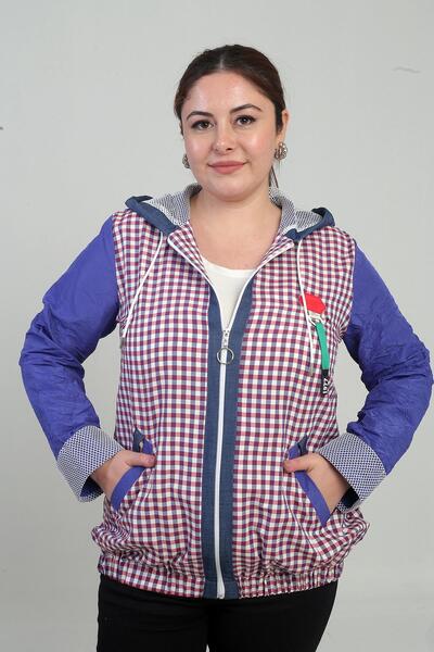 By Saygı Γυναικείο παλτό με κουκούλα με φερμουάρ μπροστά, διχτυωτό λεπτομερές καρό σχέδιο, μεγάλο μέγεθος