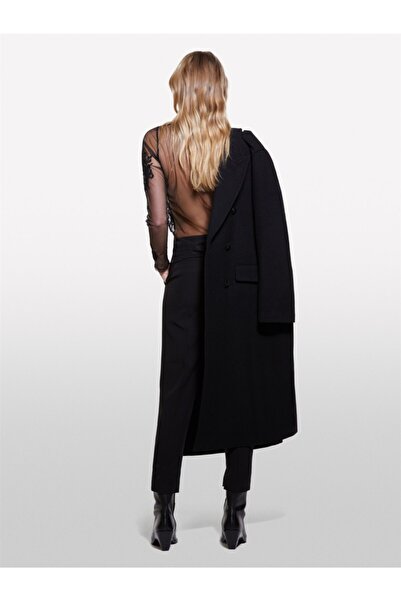 Sisley Cotton Blend Tulle Detailed Slim Fit Crew Neck Blouse Women's Black Blouse - 324A57Delq089