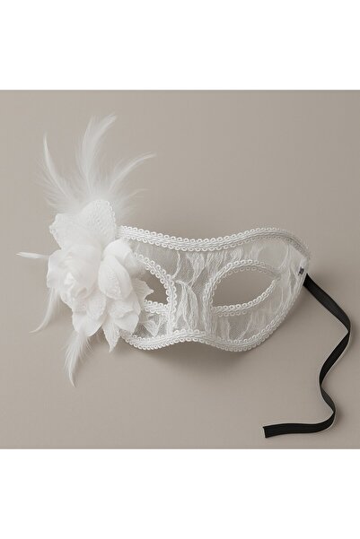 TOYFEST Lace Themed Tulle Feathered Floral Mask White Eye Mask Stylish Party Costume Accessory