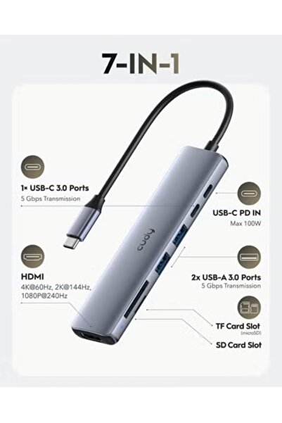 cudy Kodi 7-in-1 Multiport USB-C Hub with HDMI 4K, SD/TF Slot, 2 USB-A 3.2, 1 USB-C 3.2, and 100W PD