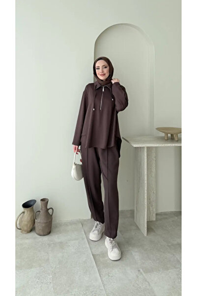 RFK Butik Women's Zipper Detailed Oy.Sho Fabric Double Set - Brown